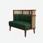 Handcrafted Cane Panel Booth Sofa with Solid Wood Frame & Green Upholstery